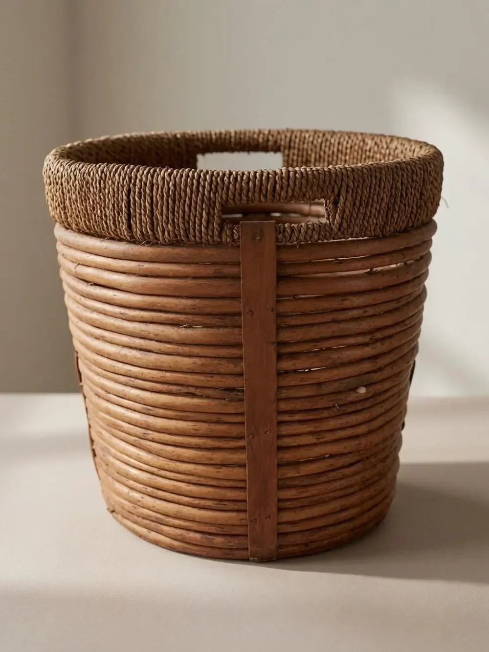 Round Rattan Basket Planter Rope Wrapped Rim Boho Organic Modern Storage